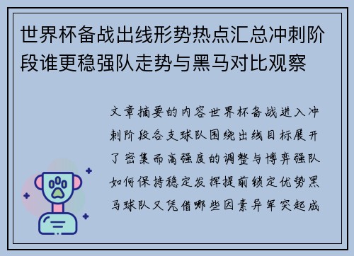 世界杯备战出线形势热点汇总冲刺阶段谁更稳强队走势与黑马对比观察